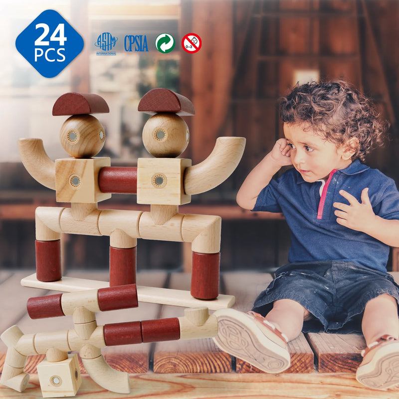 24PCS Magnetic Building Blocks Set Wooden Blocks Set Montessori Educational Toys For Toddler Kids