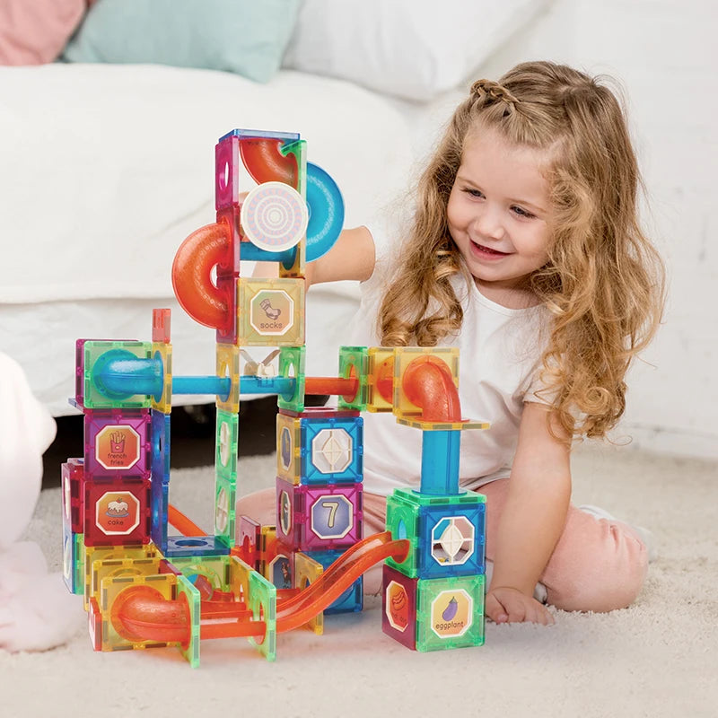 Magplayer Magnetic Tiles Color Window Magnets Building Blocks Balls Marble Run Educational STEM Toys for Children Toddlers Gifts