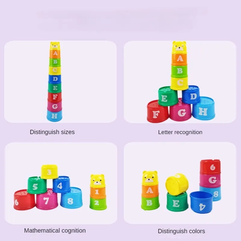 Stacking puzzle game in a cup with numbers and letters