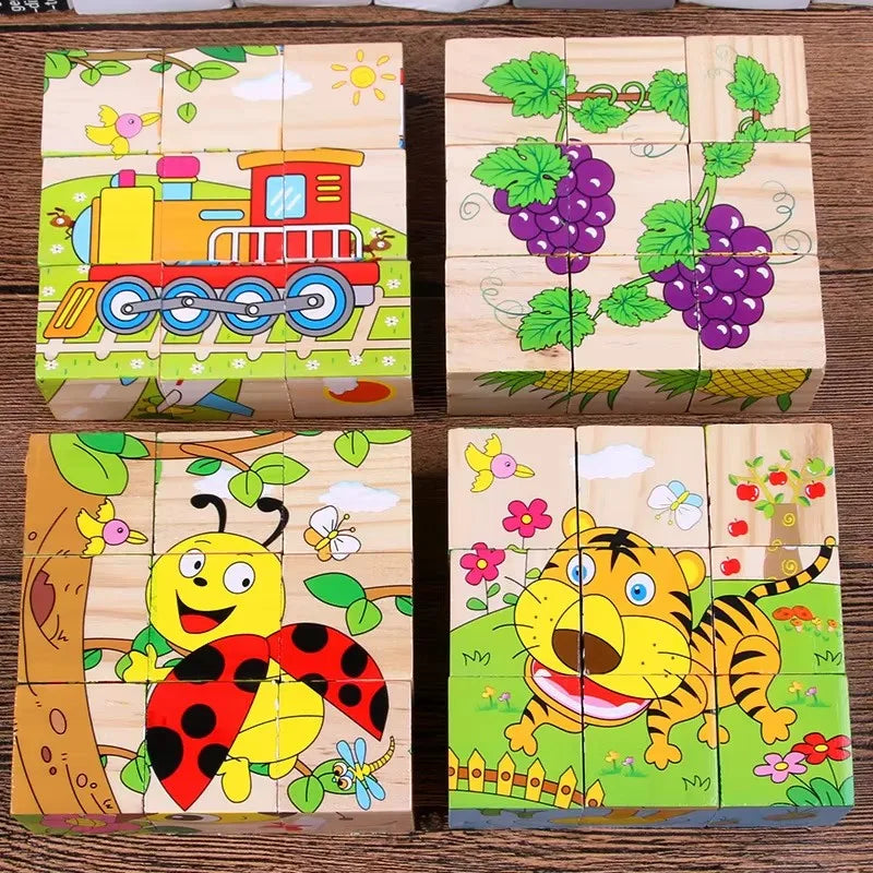 Wooden Blocks Toys Cartoon Animal Six Side Cube Jigsaw Puzzles Game