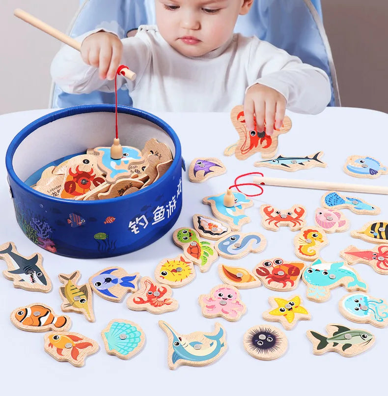 Montessori Wooden Fishing Toys For Children Cartoon Marine Life Cognition Fish Games Parent-Child Interactive Educational Toy