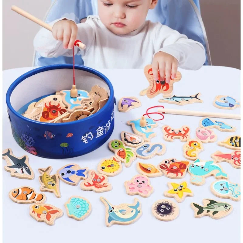 Montessori Wooden Fishing Toys For Children Cartoon Marine Life Cognition Fish Games Parent-Child Interactive Educational Toy