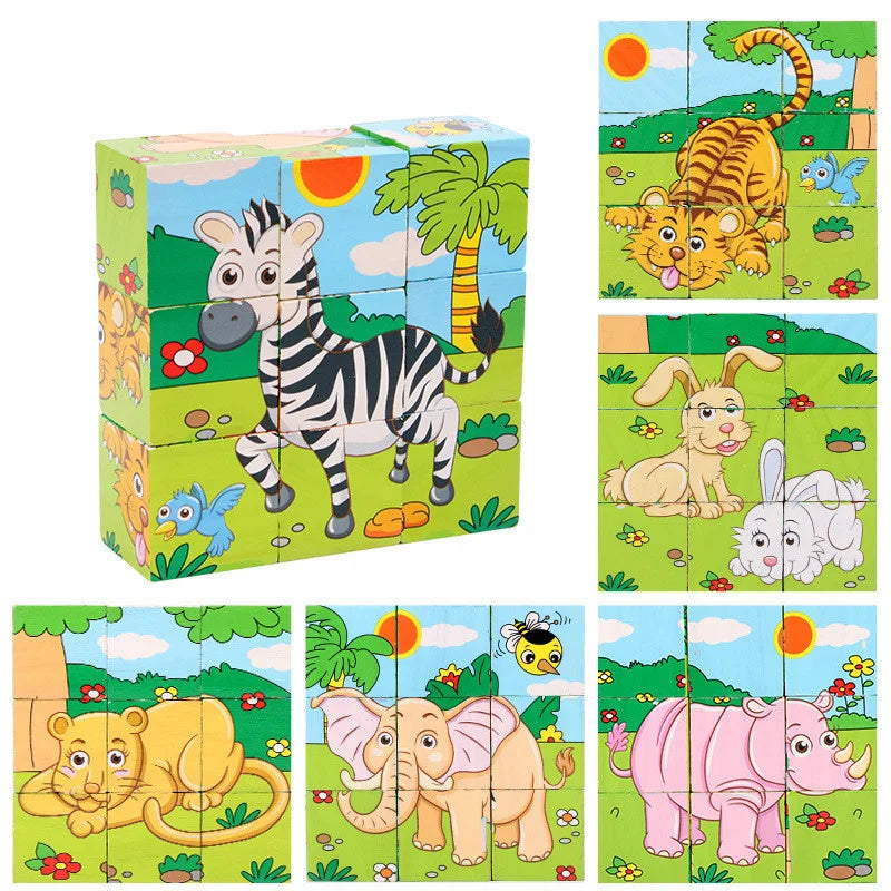 Wooden Blocks Toys Cartoon Animal Six Side Cube Jigsaw Puzzles Game