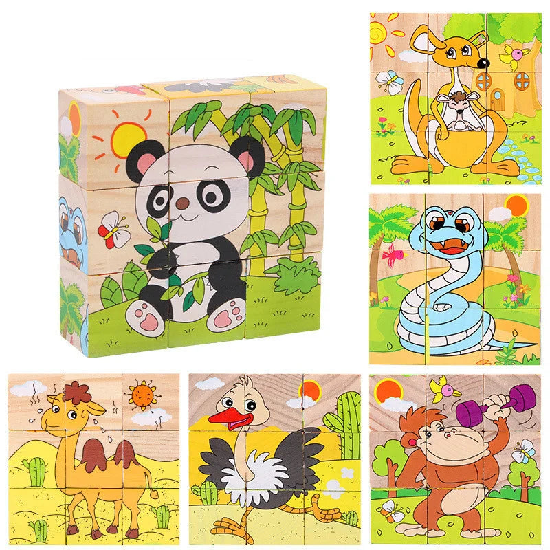 Wooden Blocks Toys Cartoon Animal Six Side Cube Jigsaw Puzzles Game