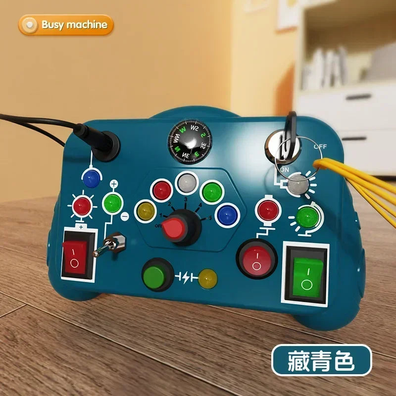 Toy control with LED light switch, sensory activity, with colors.