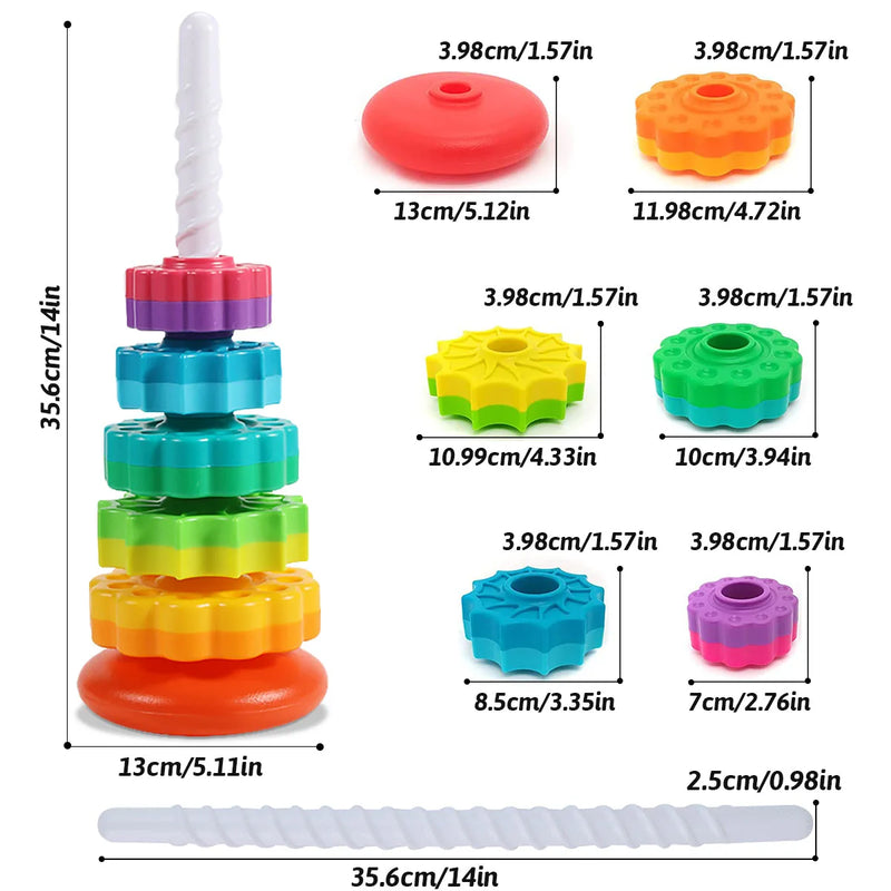 Rainbow Puzzle Rotating Wheel Stacking Tower, Montessori