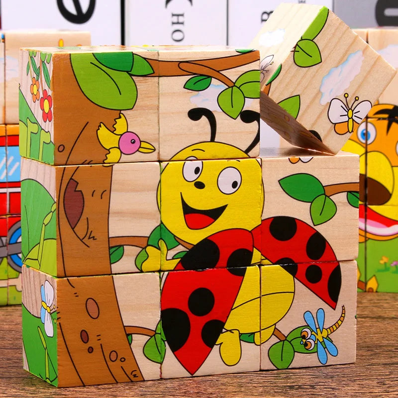 Wooden Blocks Toys Cartoon Animal Six Side Cube Jigsaw Puzzles Game