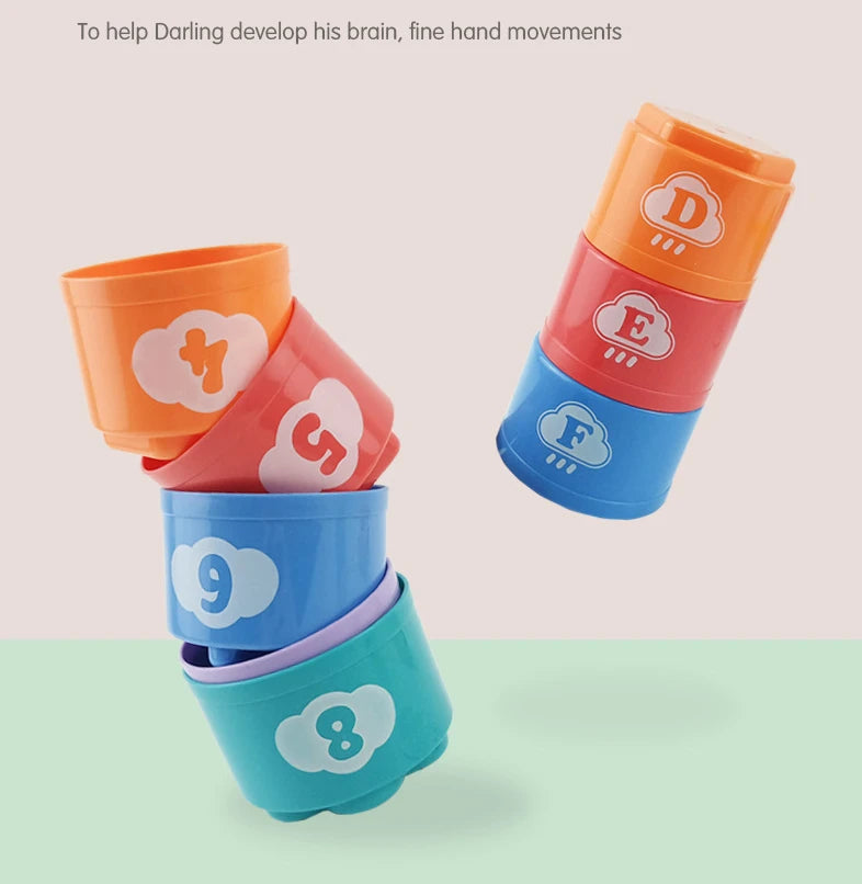 Stacking puzzle game in a cup with numbers and letters