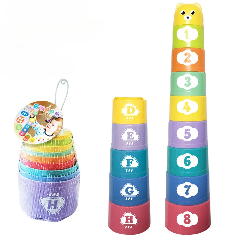 Stacking puzzle game in a cup with numbers and letters