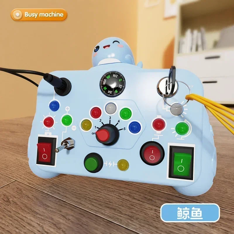 Toy control with LED light switch, sensory activity, with colors.