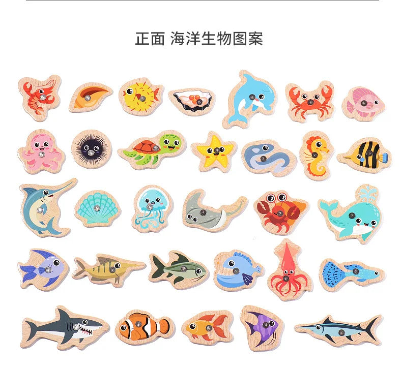 Montessori Wooden Fishing Toys For Children Cartoon Marine Life Cognition Fish Games Parent-Child Interactive Educational Toy