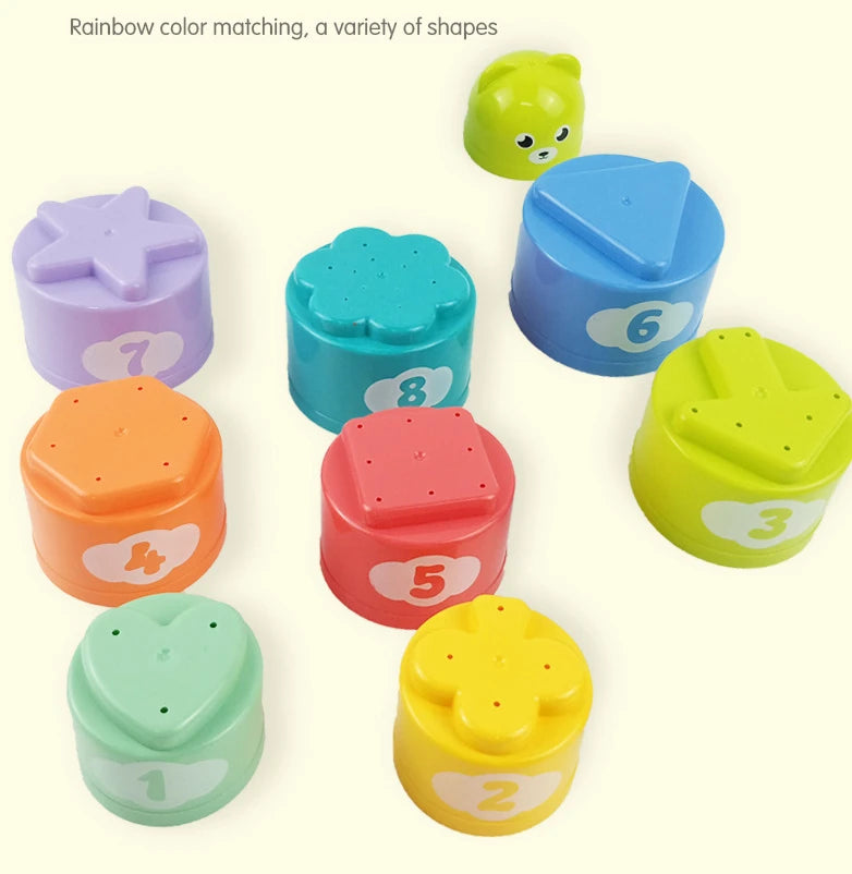 Stacking puzzle game in a cup with numbers and letters