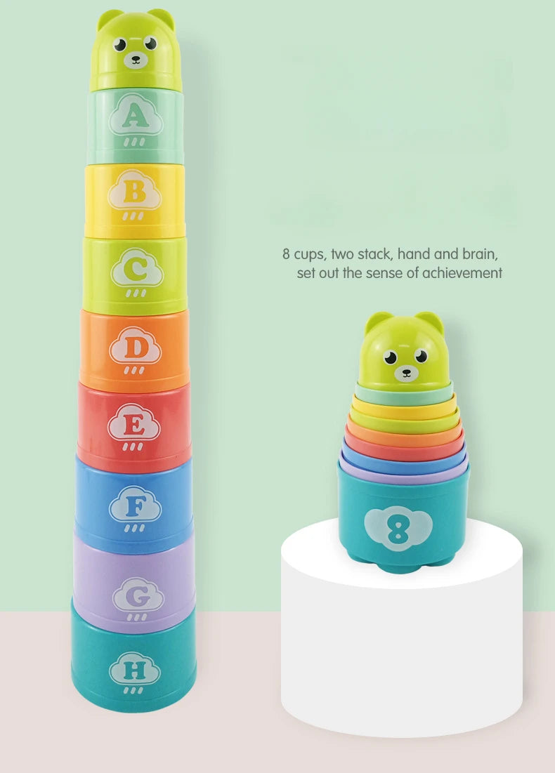 Stacking puzzle game in a cup with numbers and letters