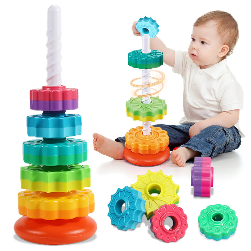 Rainbow Puzzle Rotating Wheel Stacking Tower, Montessori