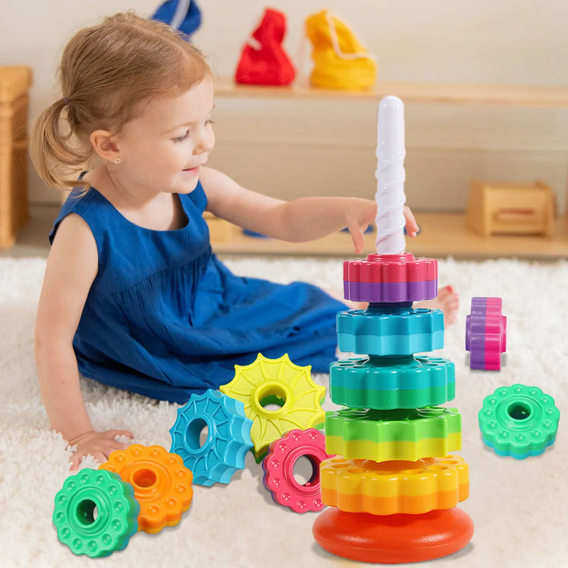 Rainbow Puzzle Rotating Wheel Stacking Tower, Montessori