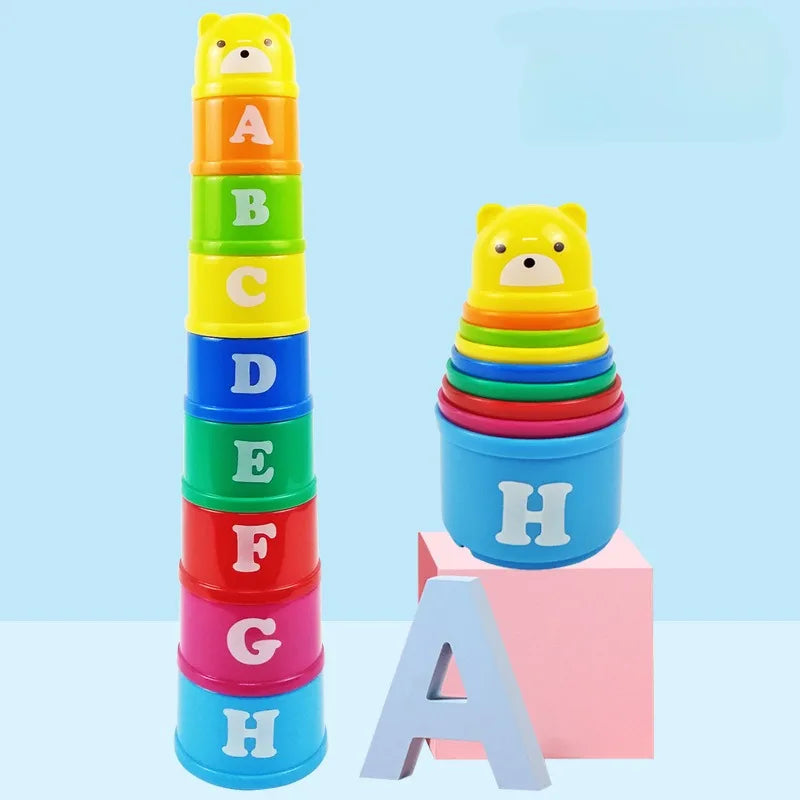 Stacking puzzle game in a cup with numbers and letters