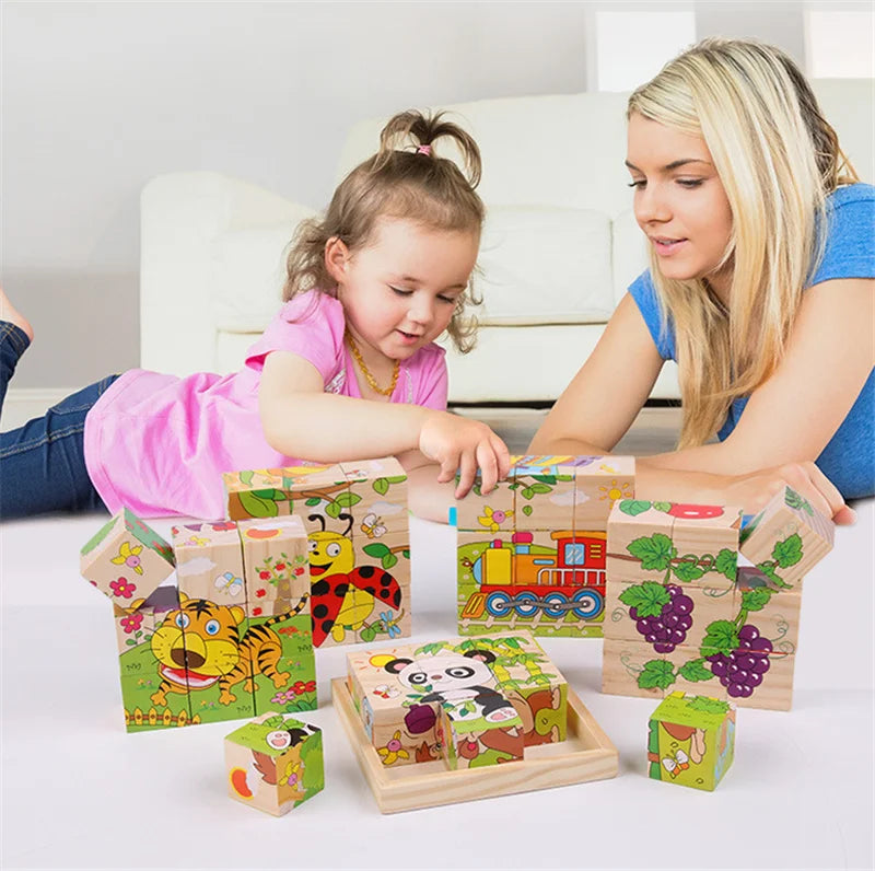 Wooden Blocks Toys Cartoon Animal Six Side Cube Jigsaw Puzzles Game