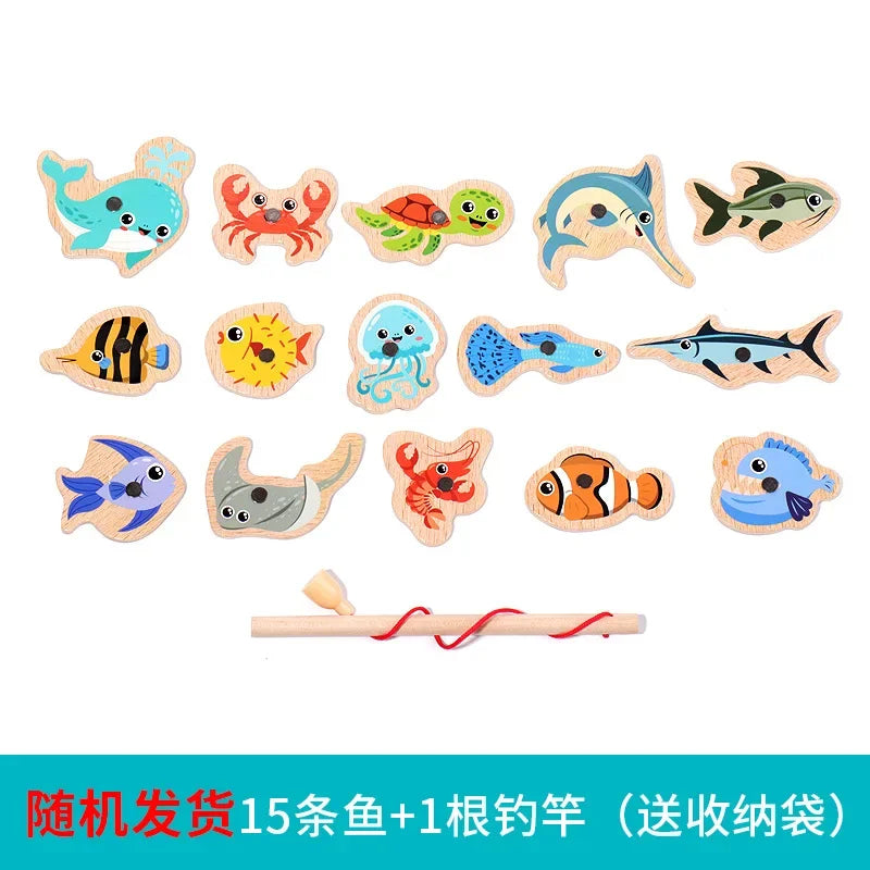 Montessori Wooden Fishing Toys For Children Cartoon Marine Life Cognition Fish Games Parent-Child Interactive Educational Toy