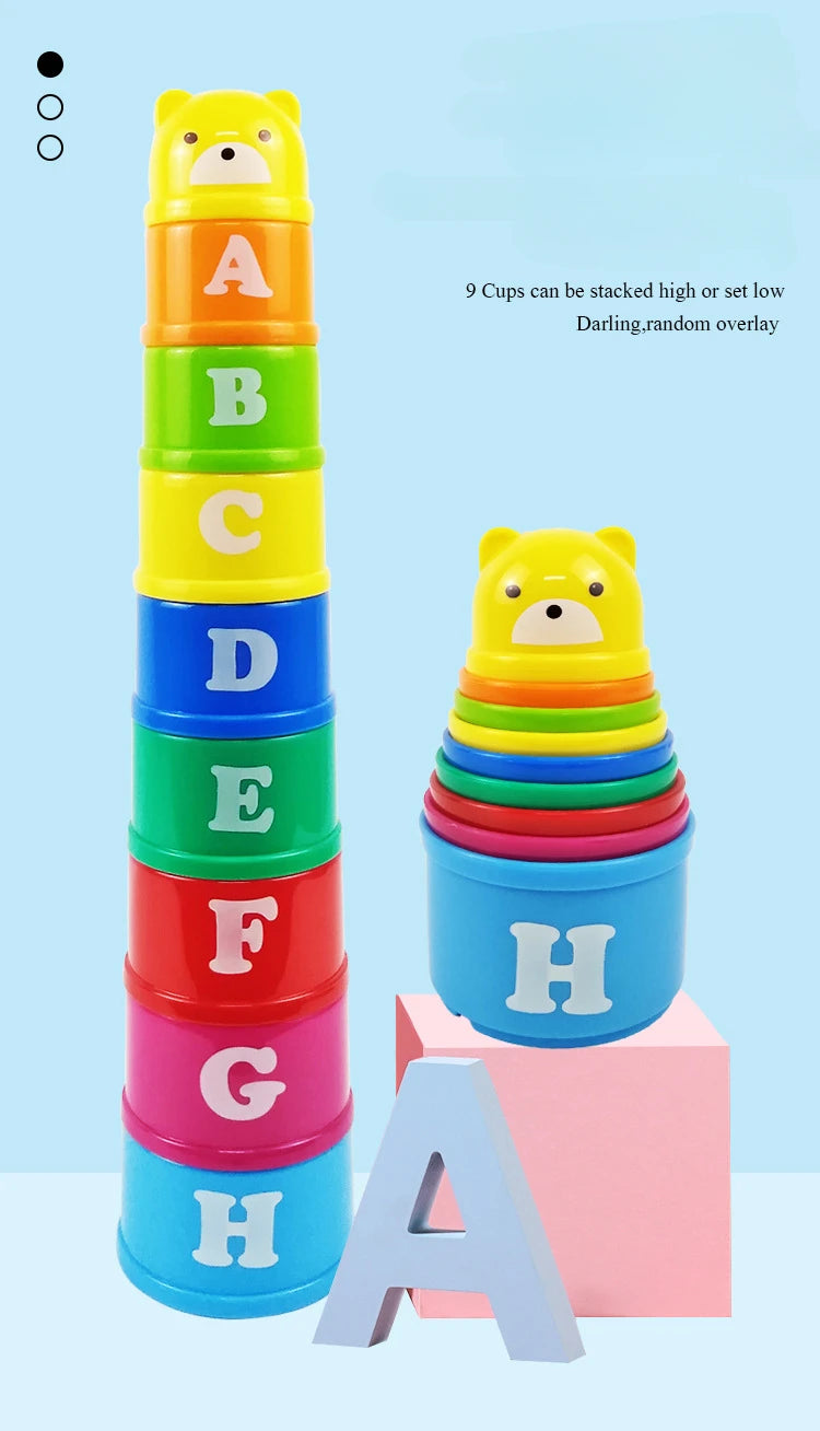 Stacking puzzle game in a cup with numbers and letters