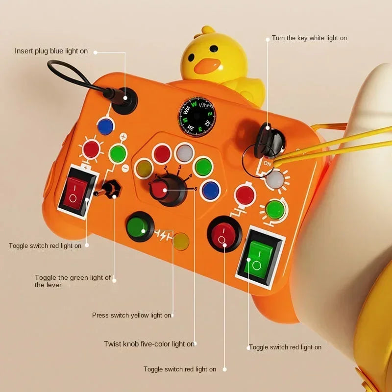 Toy control with LED light switch, sensory activity, with colors.