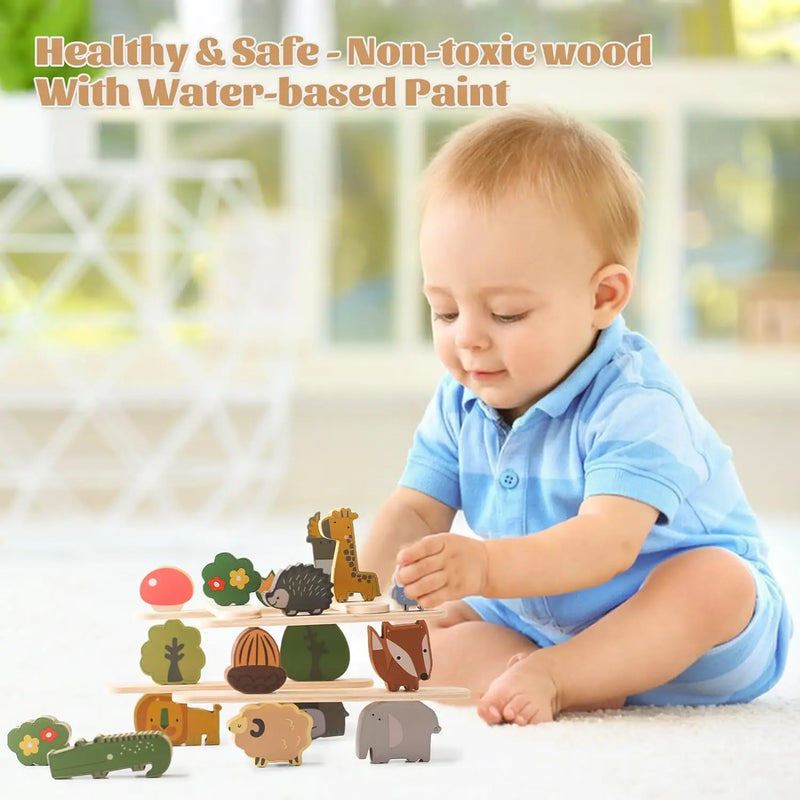 Montessori Wooden Stacking Toys for Toddlers Animals Stacking Blocks Balance Game Preschool Educational Toys for Kids