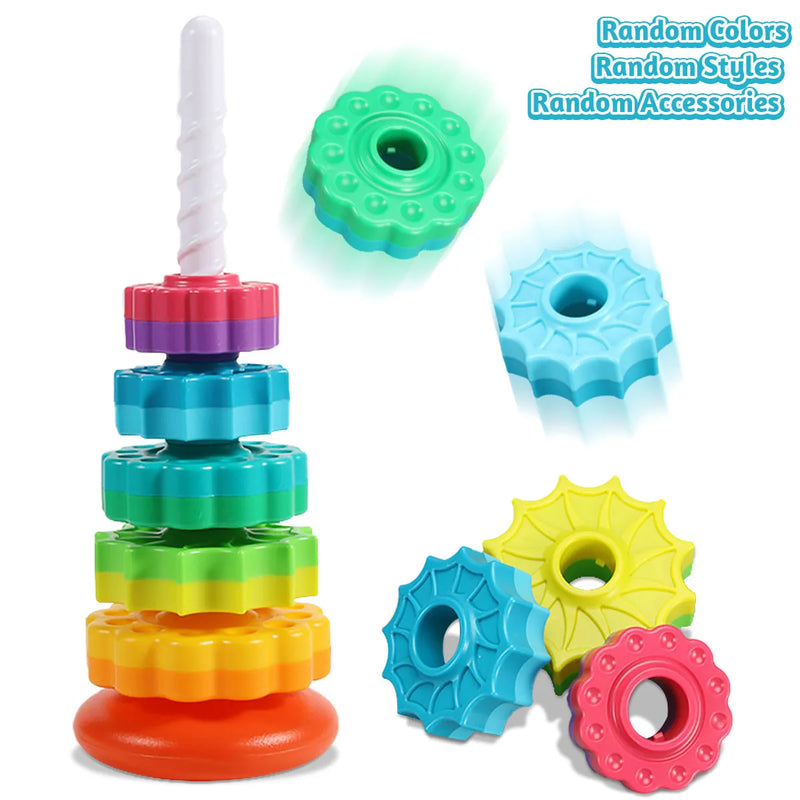 Rainbow Puzzle Rotating Wheel Stacking Tower, Montessori