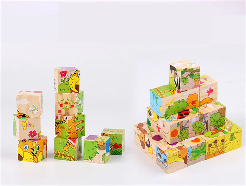 Wooden Blocks Toys Cartoon Animal Six Side Cube Jigsaw Puzzles Game