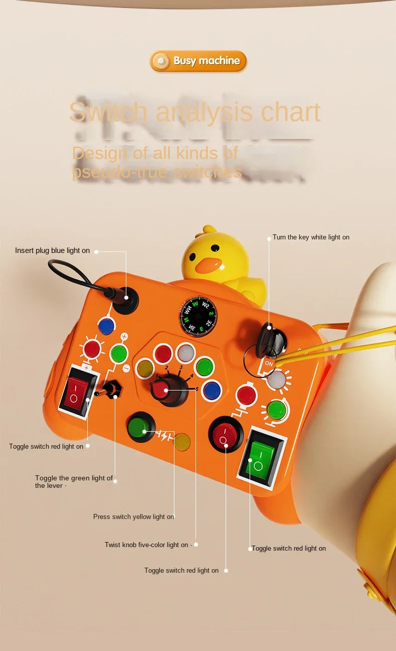 Toy control with LED light switch, sensory activity, with colors.