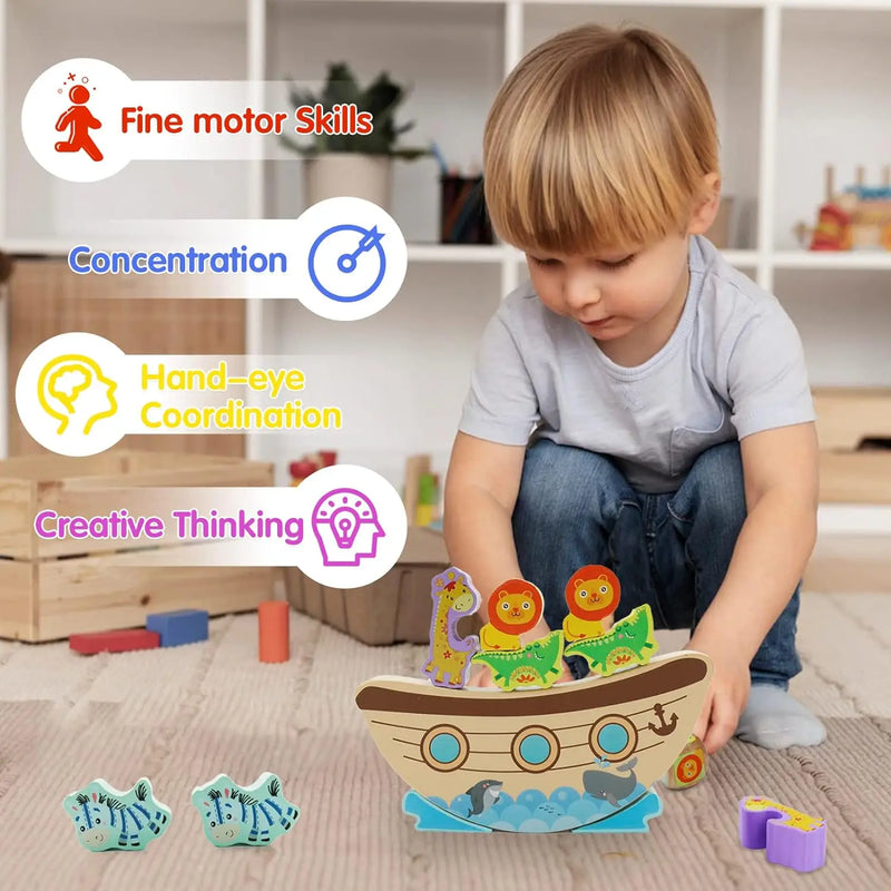 Montessori Wooden Stacking Toys for Toddlers Animals Stacking Blocks Balance Game Preschool Educational Toys for Kids