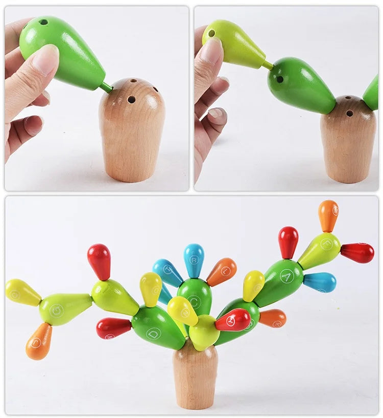 Montessori Wooden Balance Cactus Puzzle Stacking Rainbow Cactus Toy Fun Educational Game For Boys & Girls