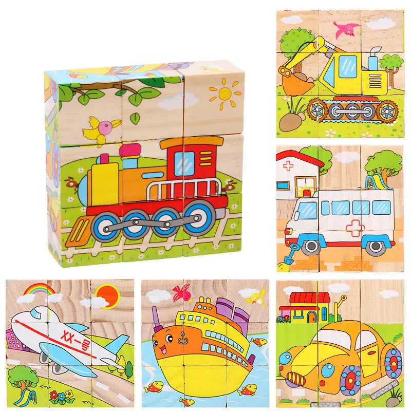 Wooden Blocks Toys Cartoon Animal Six Side Cube Jigsaw Puzzles Game