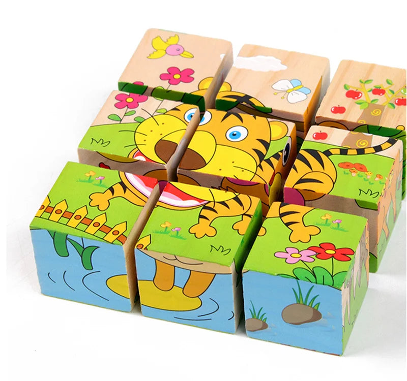 Wooden Blocks Toys Cartoon Animal Six Side Cube Jigsaw Puzzles Game