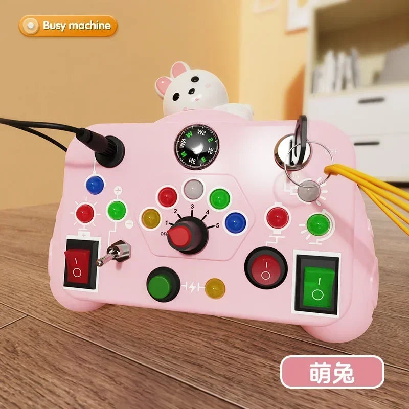 Toy control with LED light switch, sensory activity, with colors.