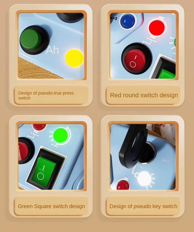 Toy control with LED light switch, sensory activity, with colors.