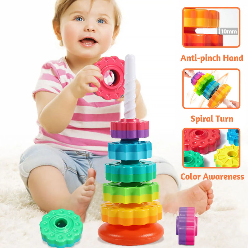 Rainbow Puzzle Rotating Wheel Stacking Tower, Montessori