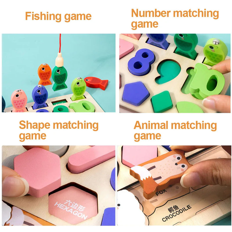 Montessori Busy Board Toy Wooden Shape Matching Toy Kids Animal Puzzle Early Educational Toy Todder Fishing Game Fine Motor Toys