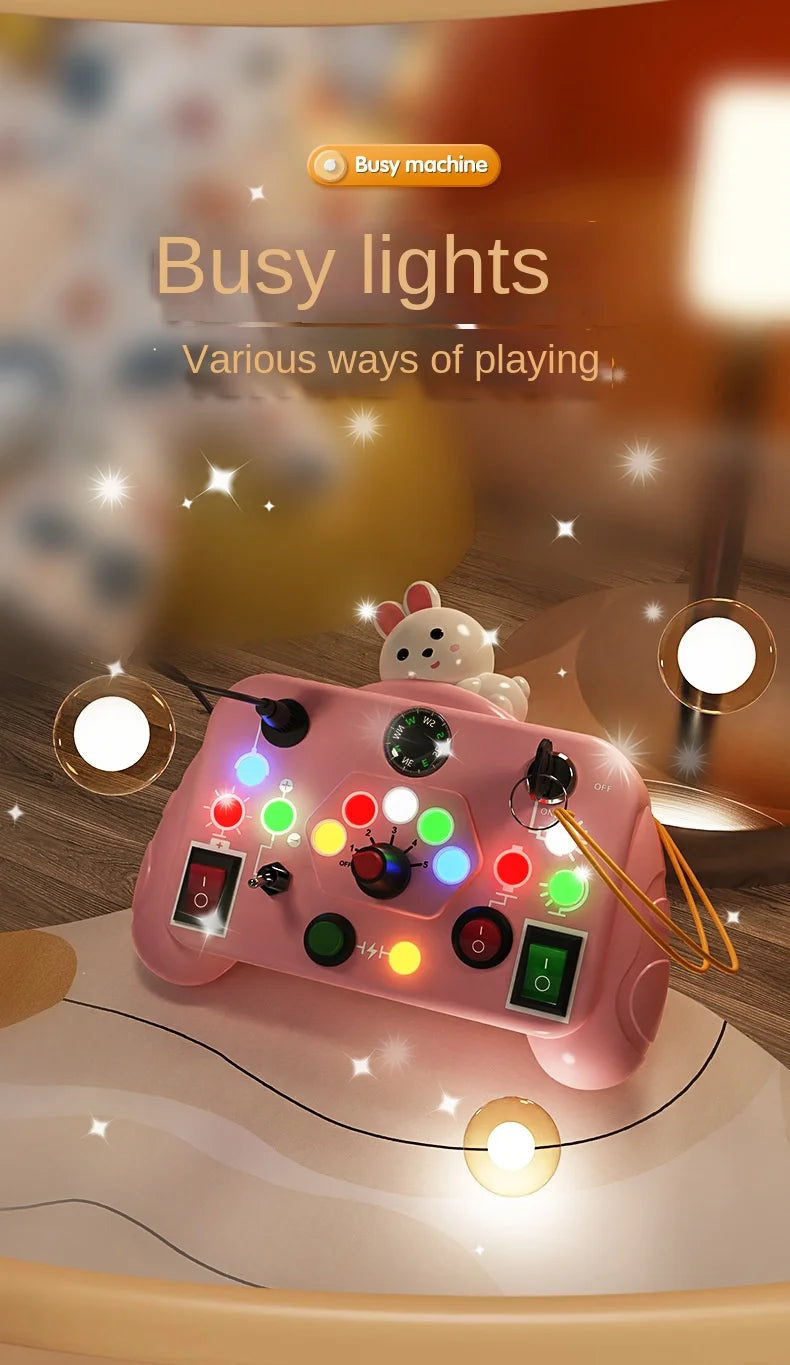 Toy control with LED light switch, sensory activity, with colors.