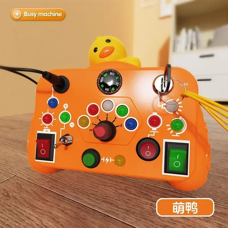 Toy control with LED light switch, sensory activity, with colors.