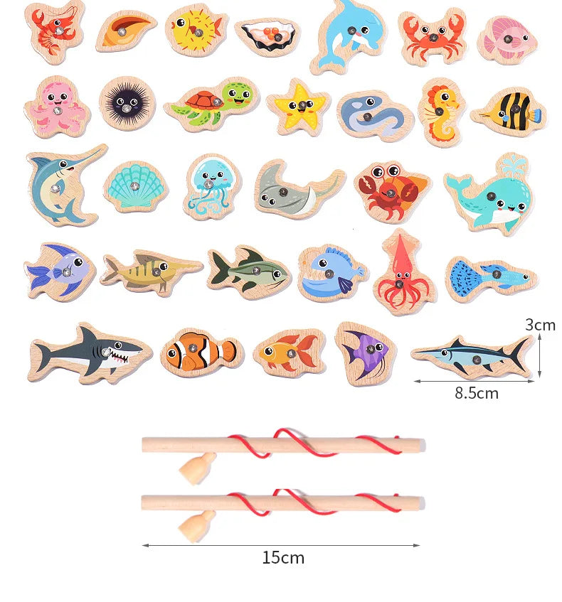 Montessori Wooden Fishing Toys For Children Cartoon Marine Life Cognition Fish Games Parent-Child Interactive Educational Toy