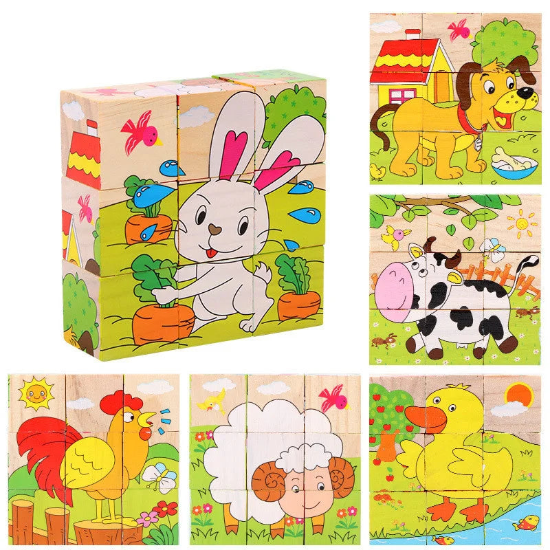 Wooden Blocks Toys Cartoon Animal Six Side Cube Jigsaw Puzzles Game