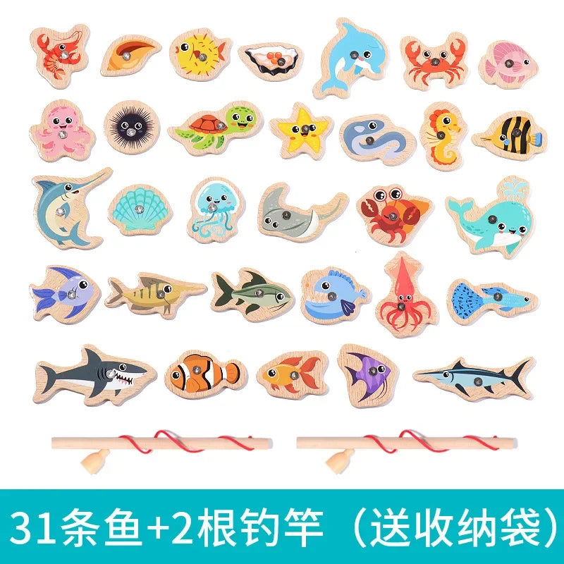 Montessori Wooden Fishing Toys For Children Cartoon Marine Life Cognition Fish Games Parent-Child Interactive Educational Toy