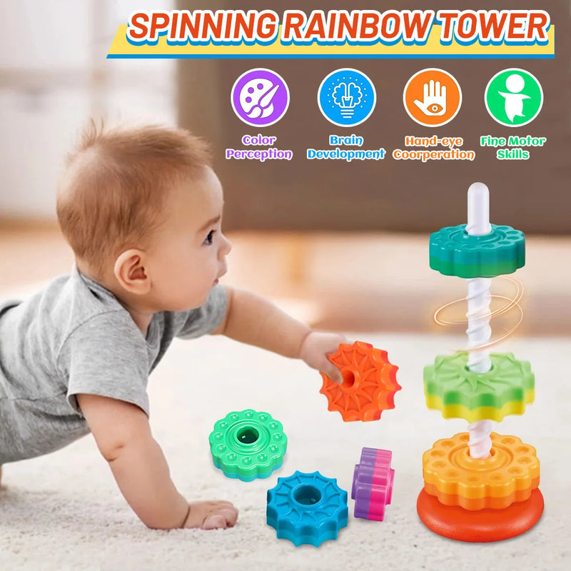 Rainbow Puzzle Rotating Wheel Stacking Tower, Montessori