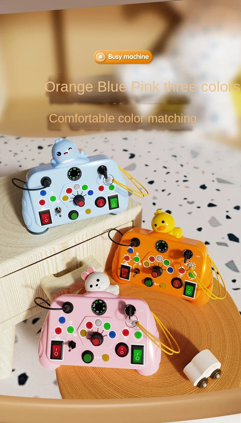 Toy control with LED light switch, sensory activity, with colors.