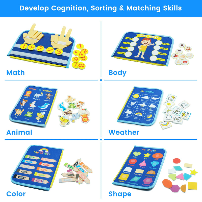 Montessori sensory book for children, learning, numbers, letters, colors, animals, shapes.