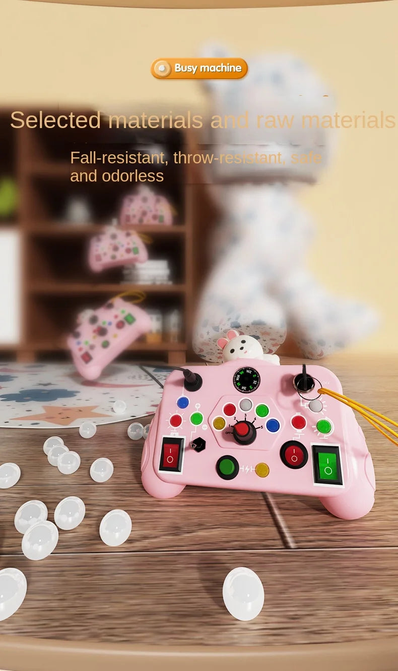 Toy control with LED light switch, sensory activity, with colors.