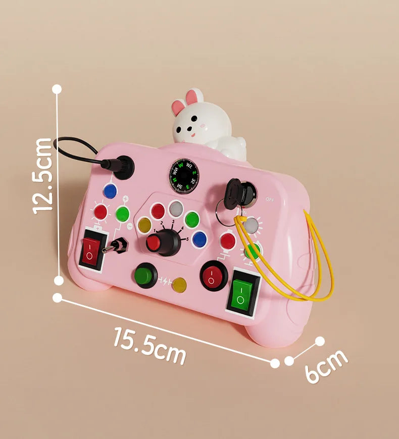 Toy control with LED light switch, sensory activity, with colors.