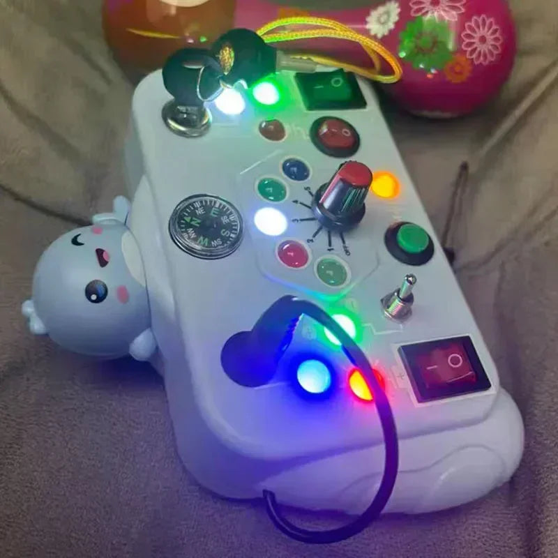 Toy control with LED light switch, sensory activity, with colors.