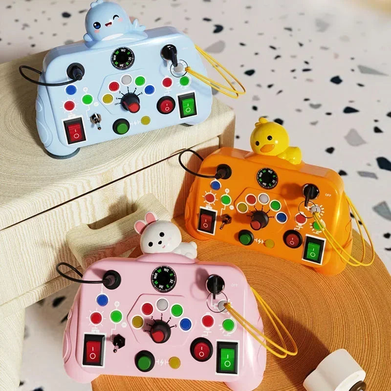 Toy control with LED light switch, sensory activity, with colors.