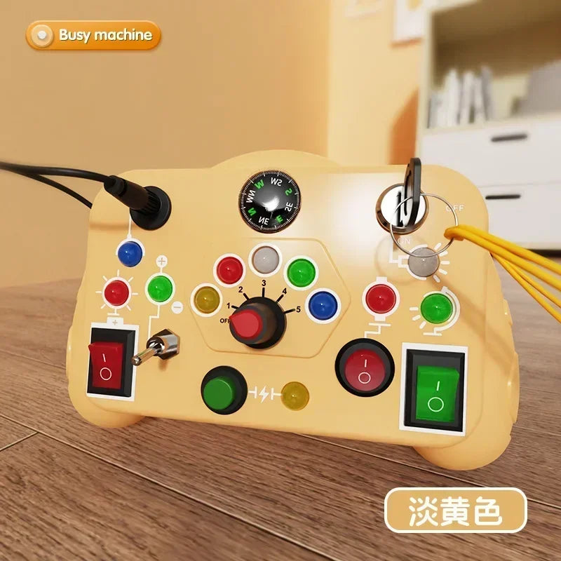 Toy control with LED light switch, sensory activity, with colors.