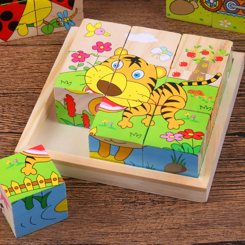 Wooden Blocks Toys Cartoon Animal Six Side Cube Jigsaw Puzzles Game